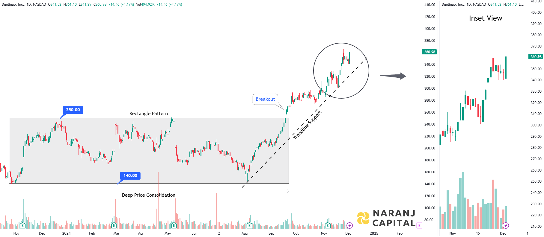 Duolingo Incorporation - Technical Analysis chart on Daily Price and Volume