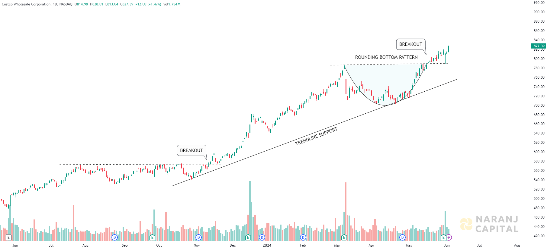 Costco Wholesale Corporation - Technical Analysis chart on Daily Price and Volume