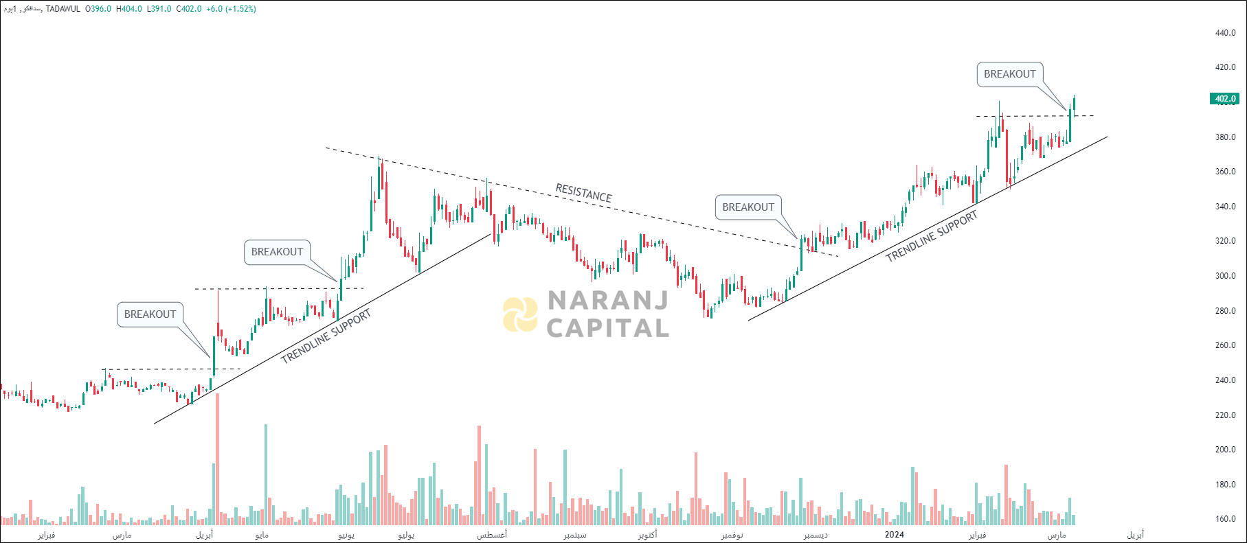 Saudi Dairy & Foodstuff Company - Technical Analysis chart on Daily Price and Volume